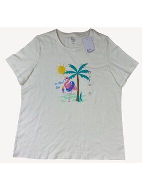 Kim Rogers Womens T-Shirt White Flamingo Graphic "On Island Time" Size XL